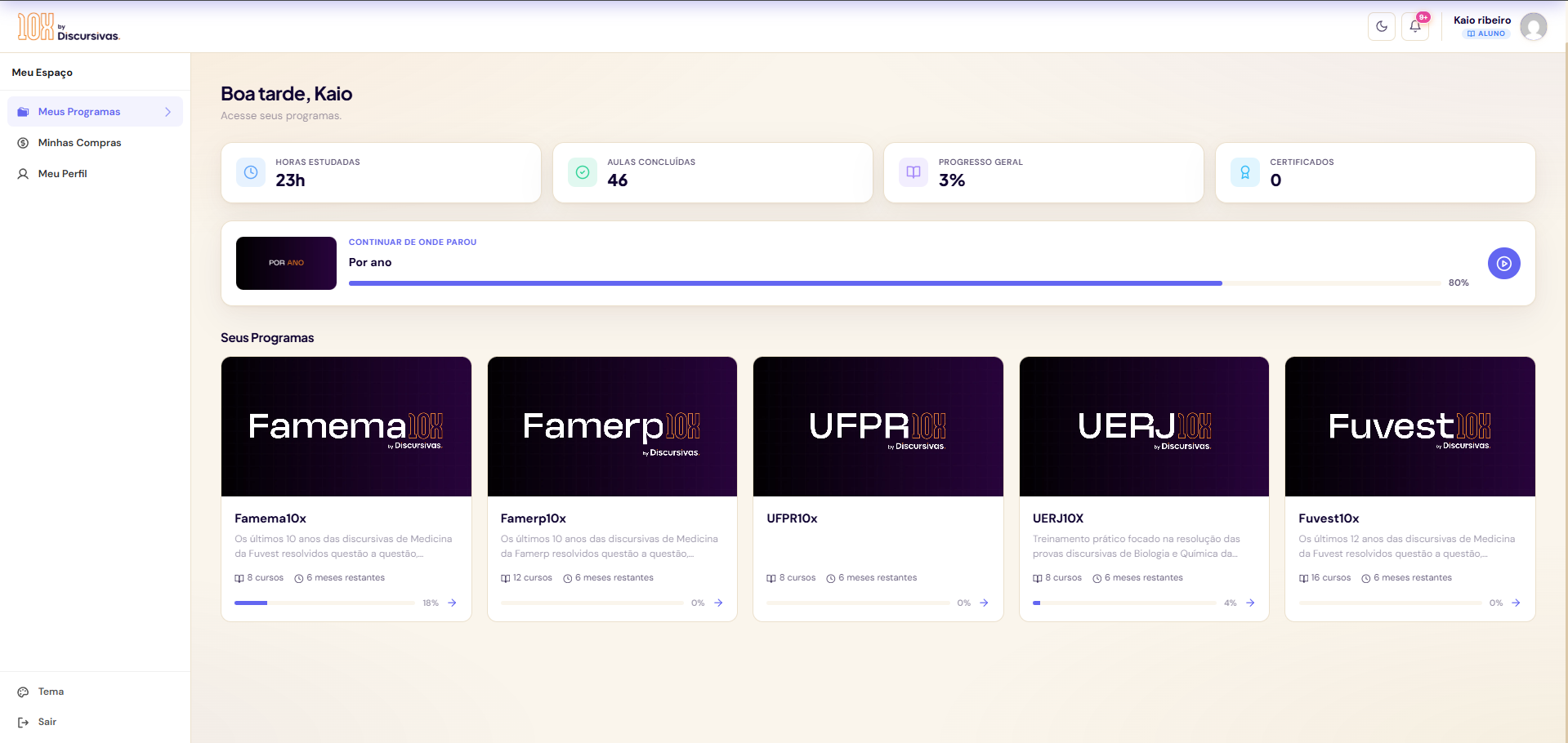 Plataforma 10x da Discursivas: seus programas, progresso e provas resolvidas por ano