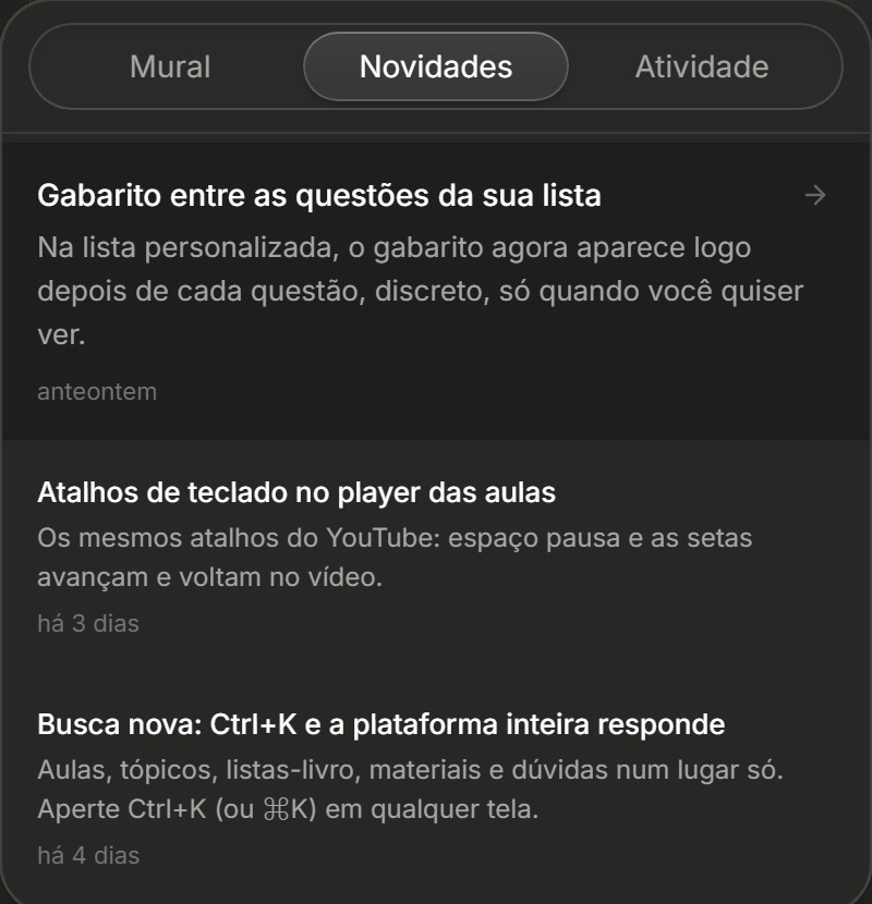 Painel de notificações da aluna, aba Novidades